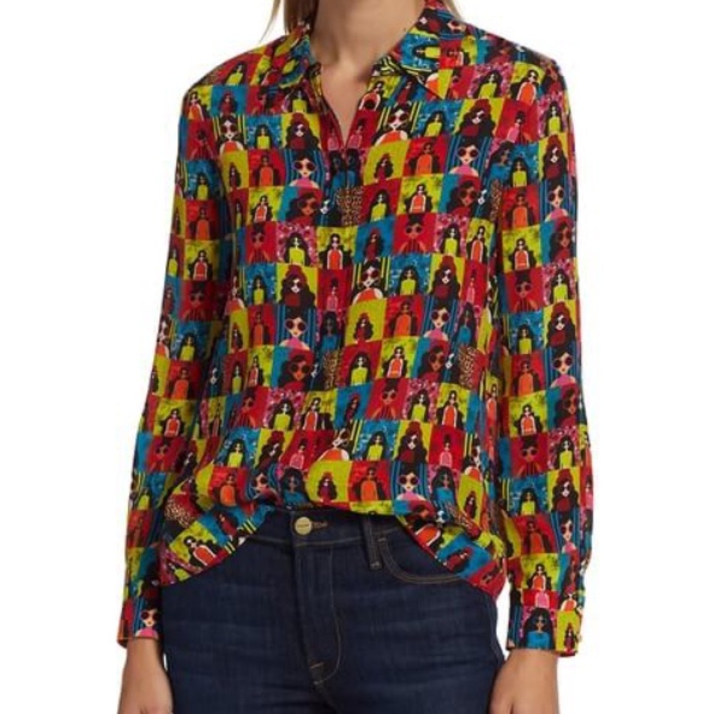 Alice + Olivia $200 plus Multicolor Graphic Silk Shirt — SIZE XS